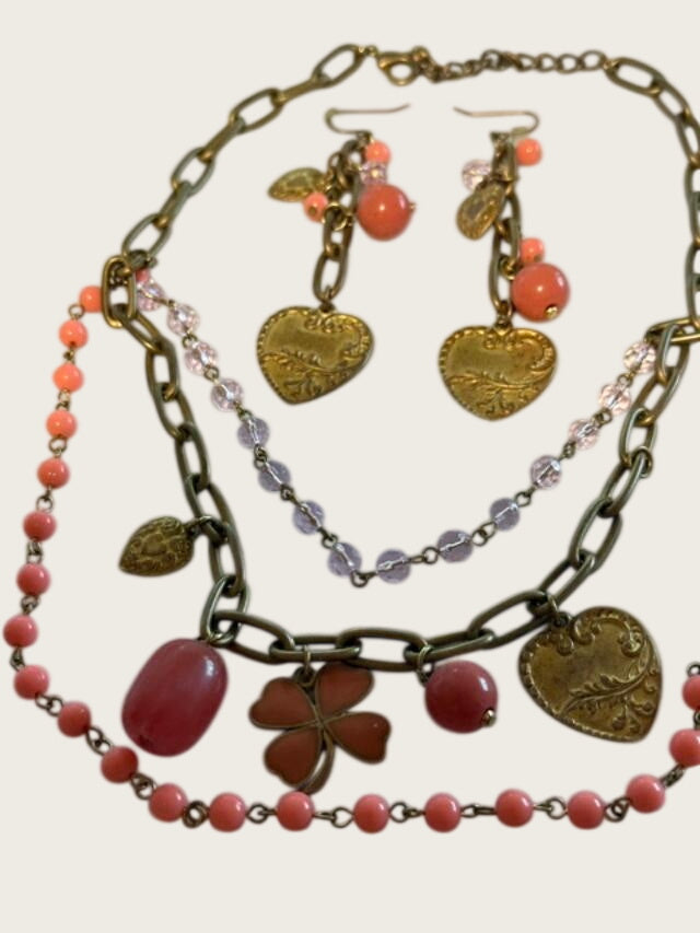 Coral Pink Beaded Statement Necklace & Earrings Set Antique Gold Hearts Clover