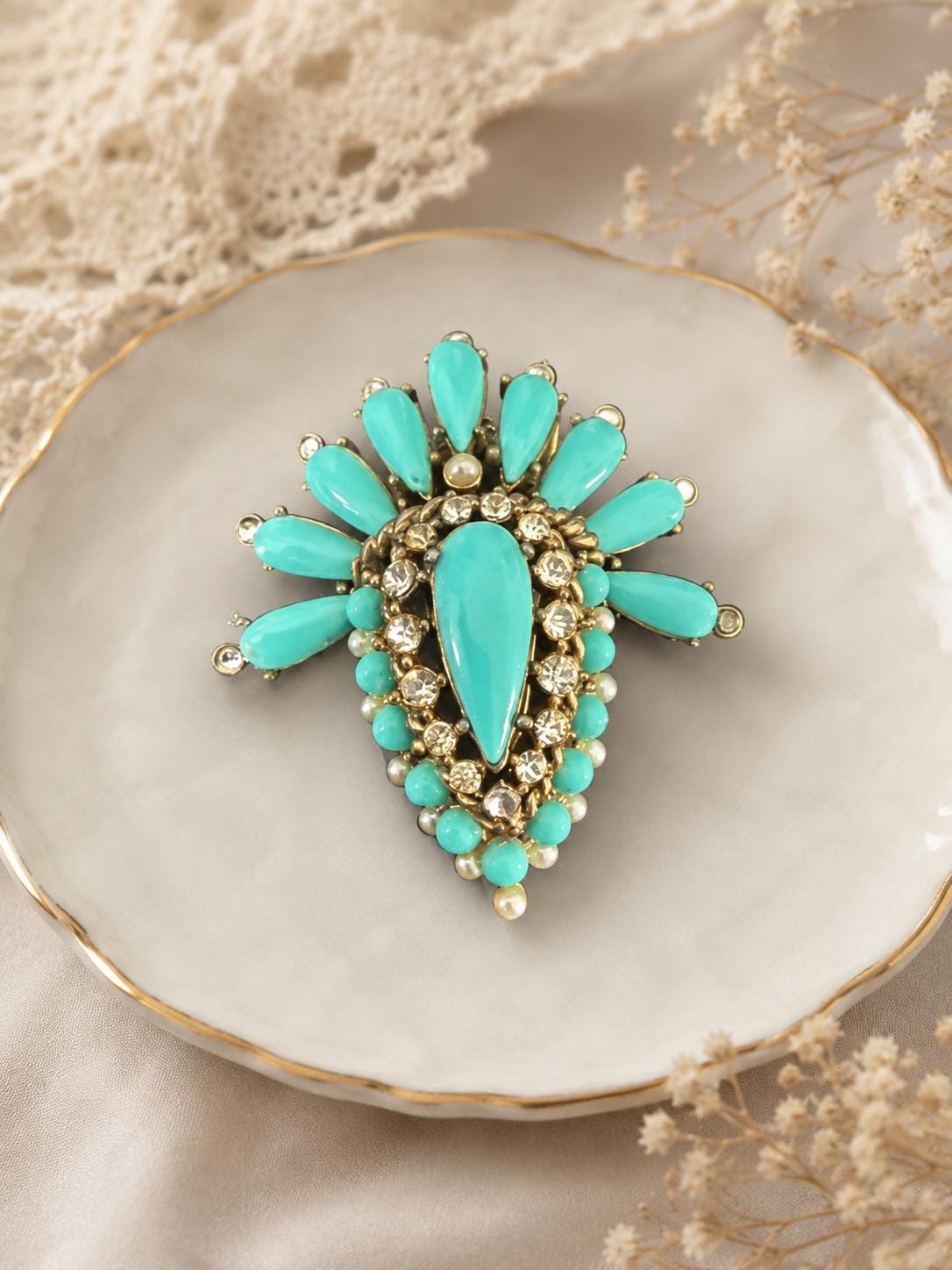 Vintage Turquoise Teardrop Fan Brooch Rhinestone Faux Pearl Gold Tone Mid Century Pin