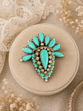Vintage Turquoise Teardrop Fan Brooch Rhinestone Faux Pearl Gold Tone Mid Century Pin