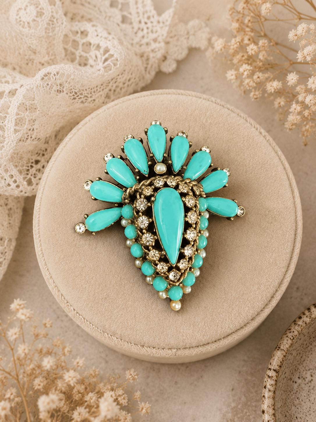 Vintage Turquoise Teardrop Fan Brooch Rhinestone Faux Pearl Gold Tone Mid Century Pin