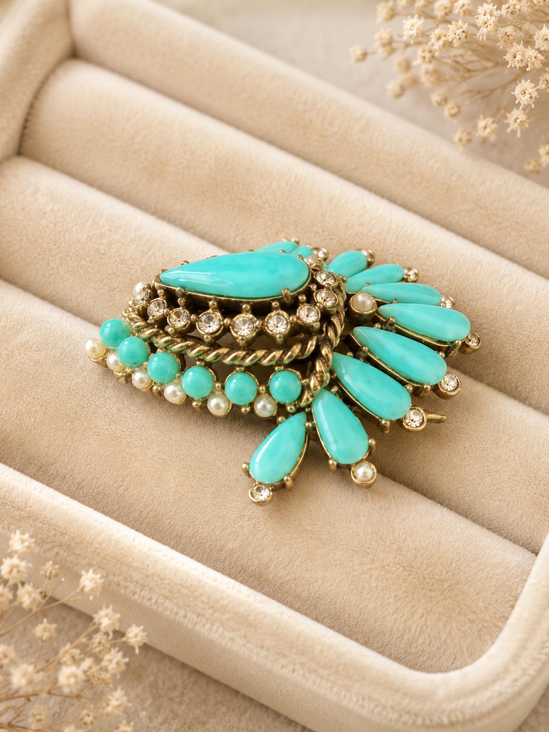 Vintage Turquoise Teardrop Fan Brooch Rhinestone Faux Pearl Gold Tone Mid Century Pin