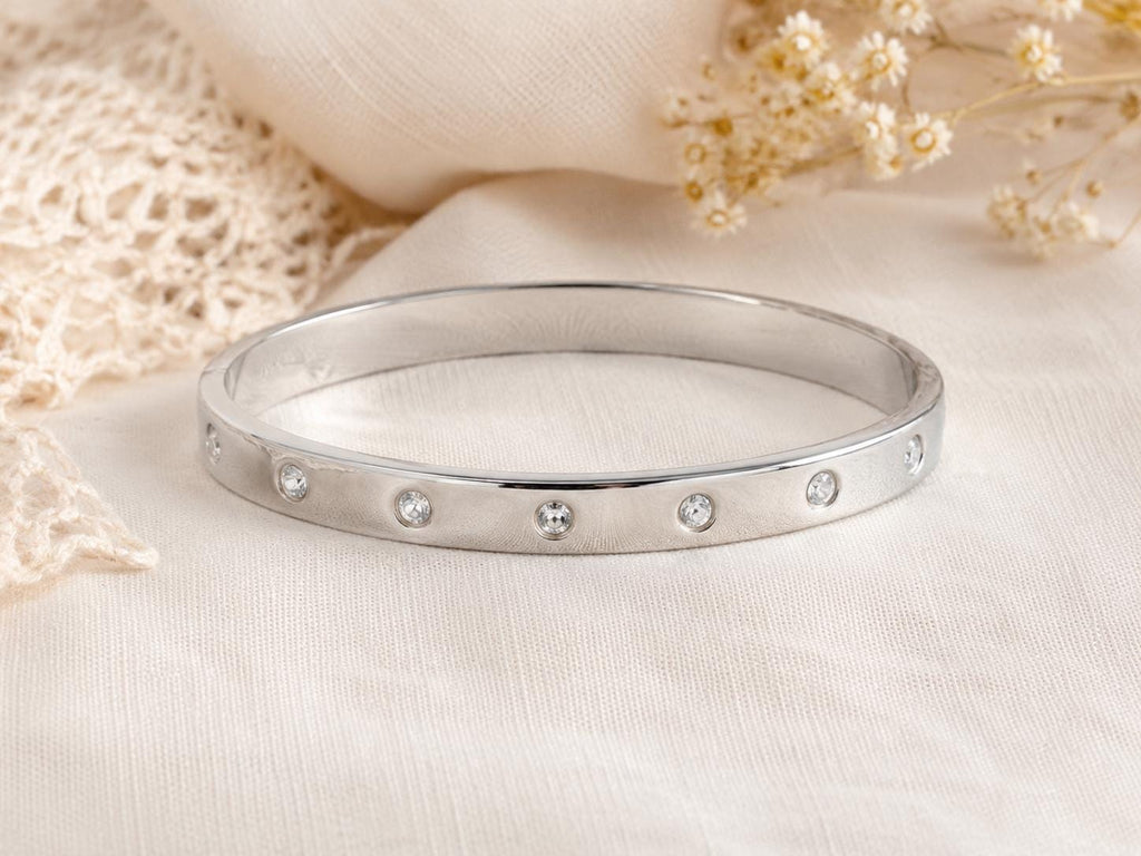 Swarovski Crystal Screw Bangle Bracelet Silver Tone Slip On Swan Marked