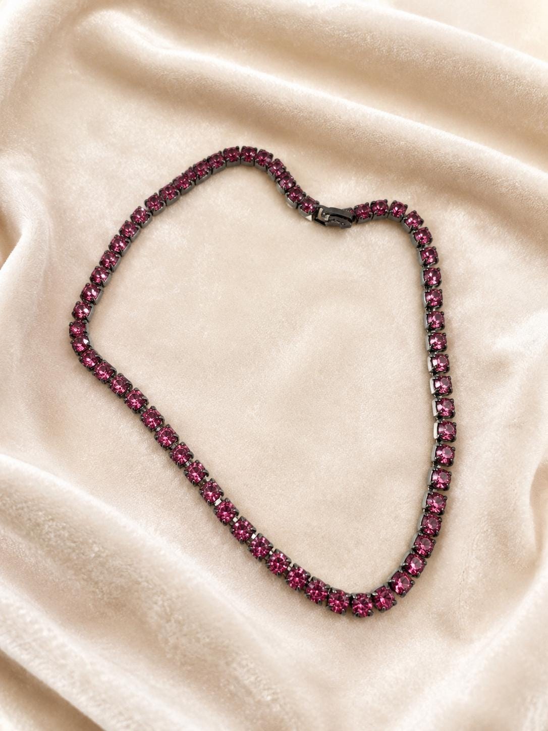 Vintage Pink Rhinestone Choker Necklace Silver Tone 14 Inch Costume Jewelry