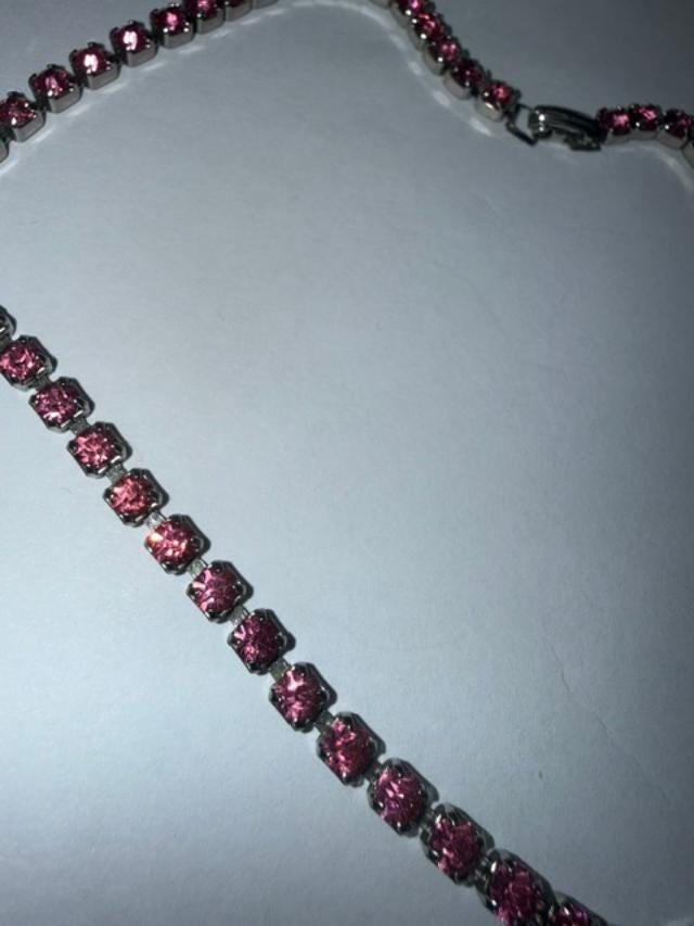 Vintage Pink Rhinestone Choker Necklace Silver Tone 14 Inch Costume Jewelry