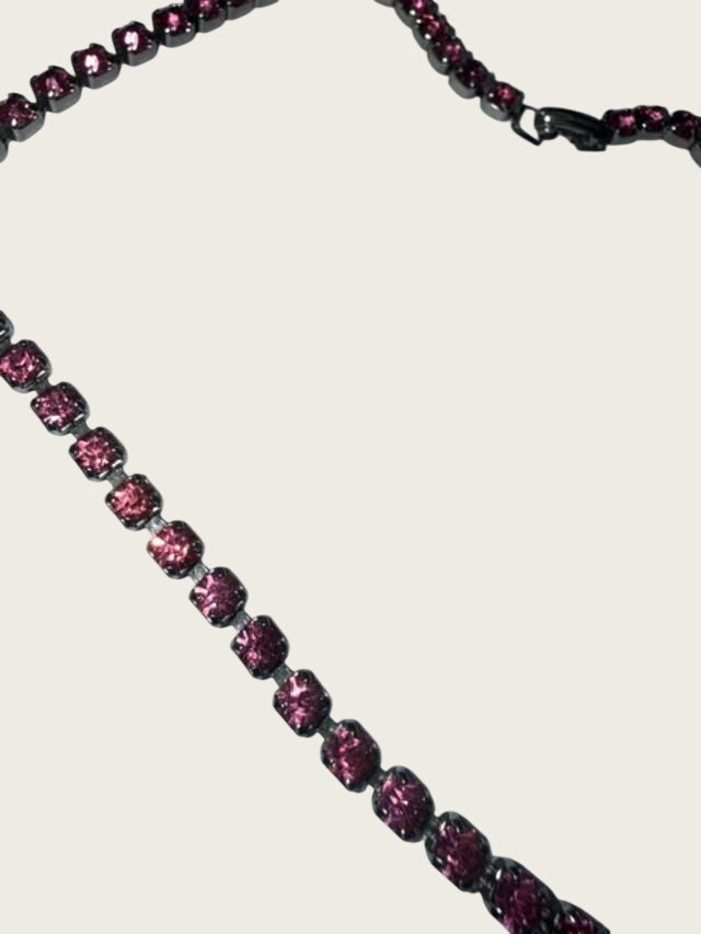 Vintage Pink Rhinestone Choker Necklace Silver Tone 14 Inch Costume Jewelry