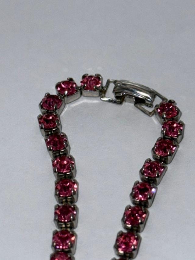 Vintage Pink Rhinestone Choker Necklace Silver Tone 14 Inch Costume Jewelry