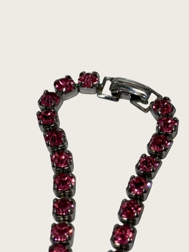 Vintage Pink Rhinestone Choker Necklace Silver Tone 14 Inch Costume Jewelry