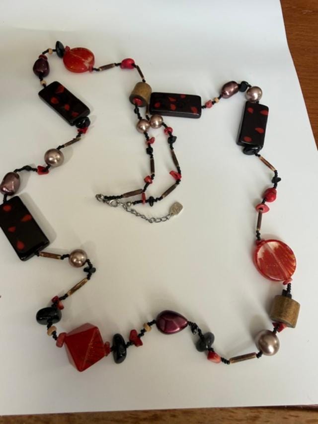 YOUSI Signed Red Black Mixed Bead Boho Statement Necklace