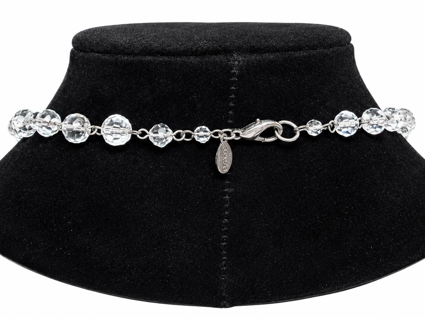 Express Clear Faceted Crystal Glass Bead Necklace 30 Inch Silver Tone Station Necklace