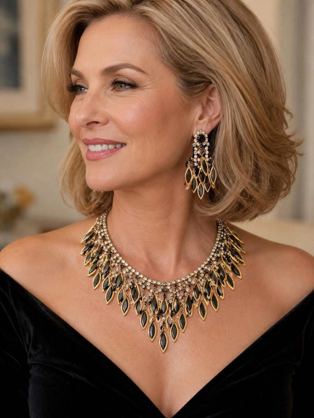 Gold-tone prong-set rhinestone / crystal necklace