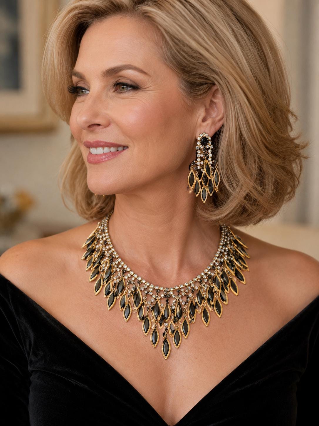 Gold-tone prong-set rhinestone / crystal necklace
