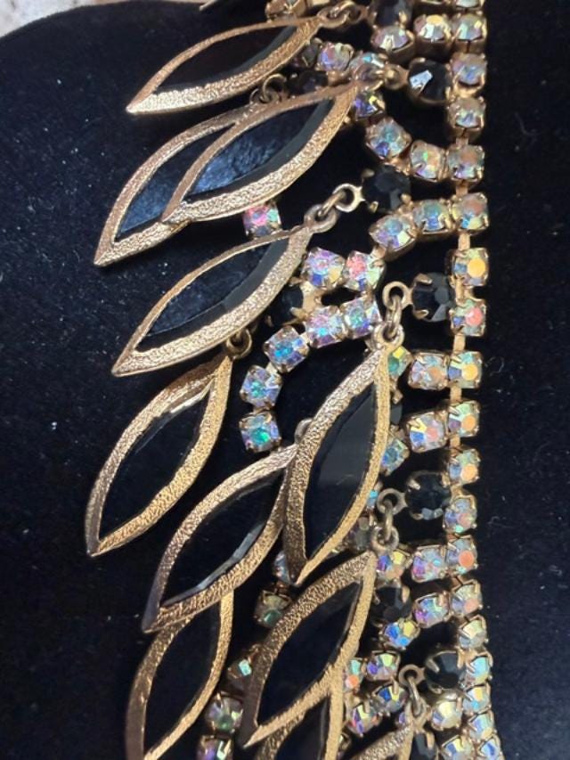 Gold-tone prong-set rhinestone / crystal necklace