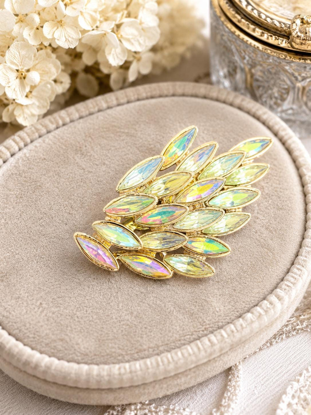 Upcycled Vintage AB Crystal Leaf Brooch Gold Tone Rhinestone Converted Earring Pin
