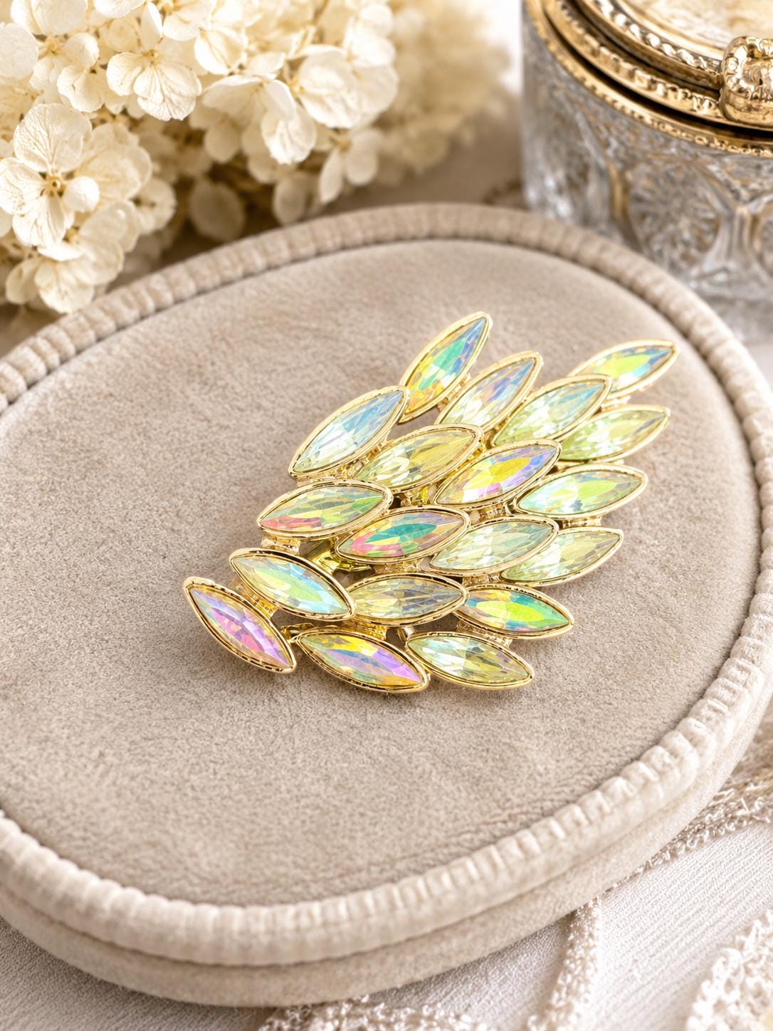 Upcycled Vintage AB Crystal Leaf Brooch Gold Tone Rhinestone Converted Earring Pin