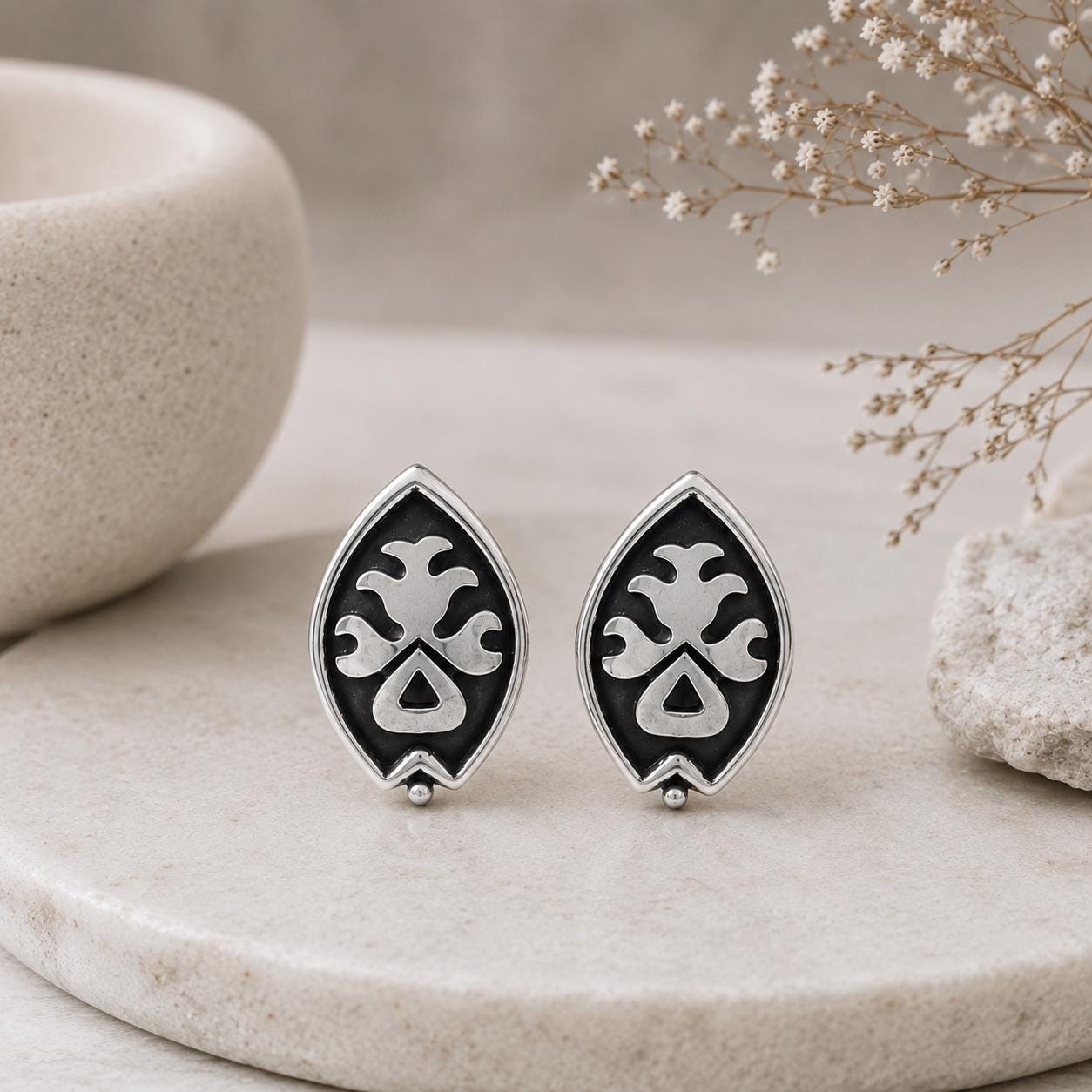 Sterling Silver Black Enamel Southwestern Earrings Vintage Tribal Style