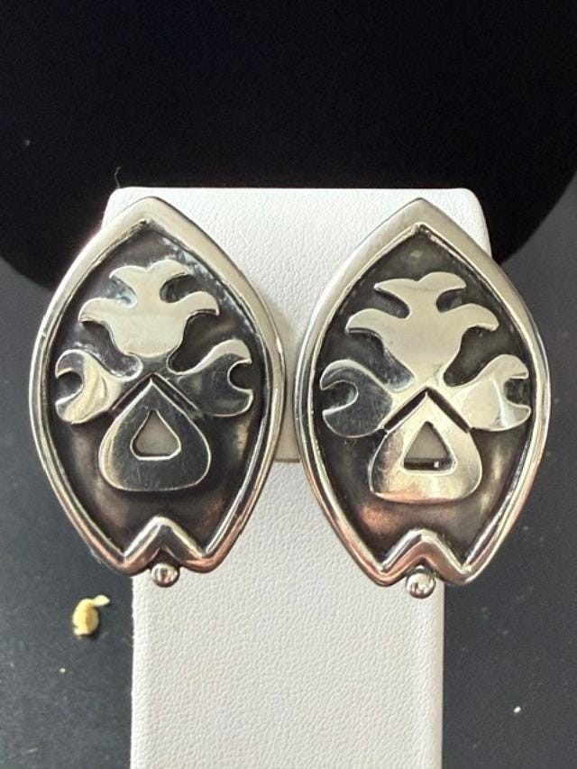 Sterling Silver Black Enamel Southwestern Earrings Vintage Tribal Style