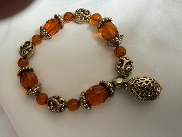 Vintage Amber Bead Stretch Bracelet With Gold Tone Filigree Charm Dangle