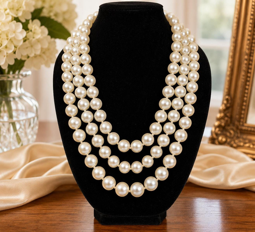 1950s Faux Pearl Necklace, Graduated Strands, Rhinestone Clasp, 24 Inch Statement Piece