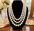 1950s Faux Pearl Necklace, Graduated Strands, Rhinestone Clasp, 24 Inch Statement Piece