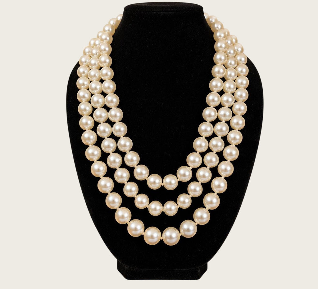 1950s Faux Pearl Necklace, Graduated Strands, Rhinestone Clasp, 24 Inch Statement Piece