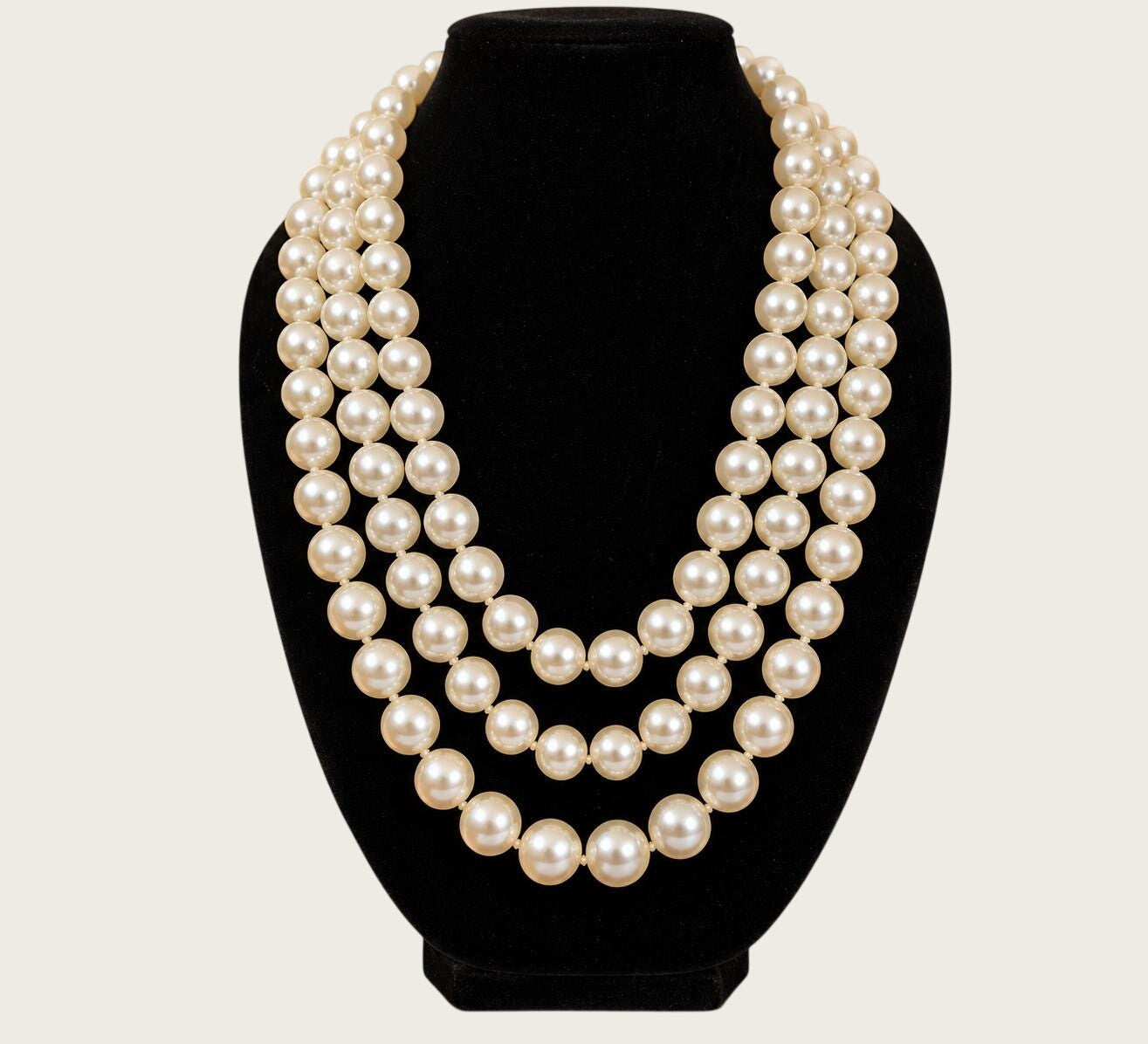 1950s Faux Pearl Necklace, Graduated Strands, Rhinestone Clasp, 24 Inch Statement Piece