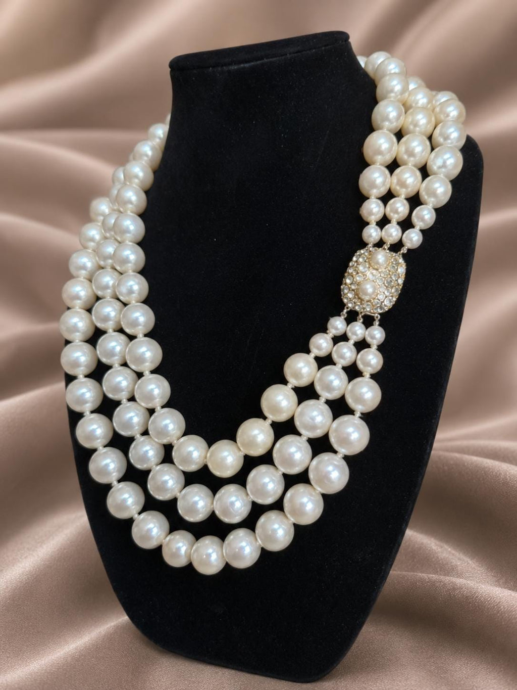 1950s Faux Pearl Necklace, Graduated Strands, Rhinestone Clasp, 24 Inch Statement Piece