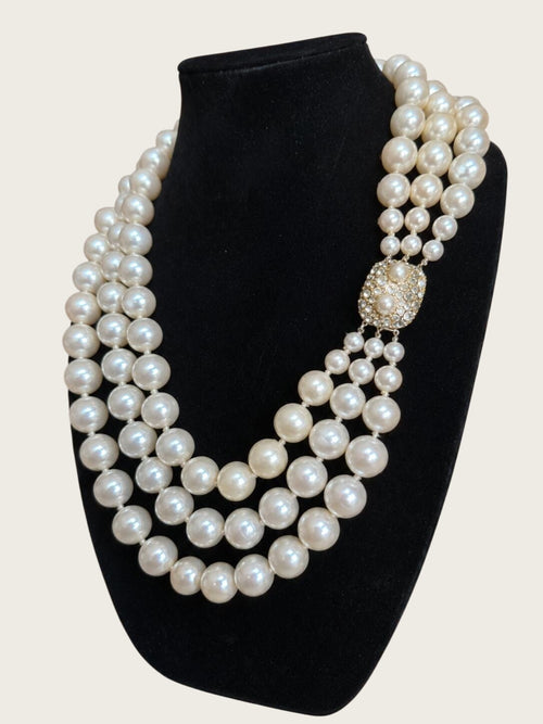 1950s Faux Pearl Necklace, Graduated Strands, Rhinestone Clasp, 24 Inch Statement Piece