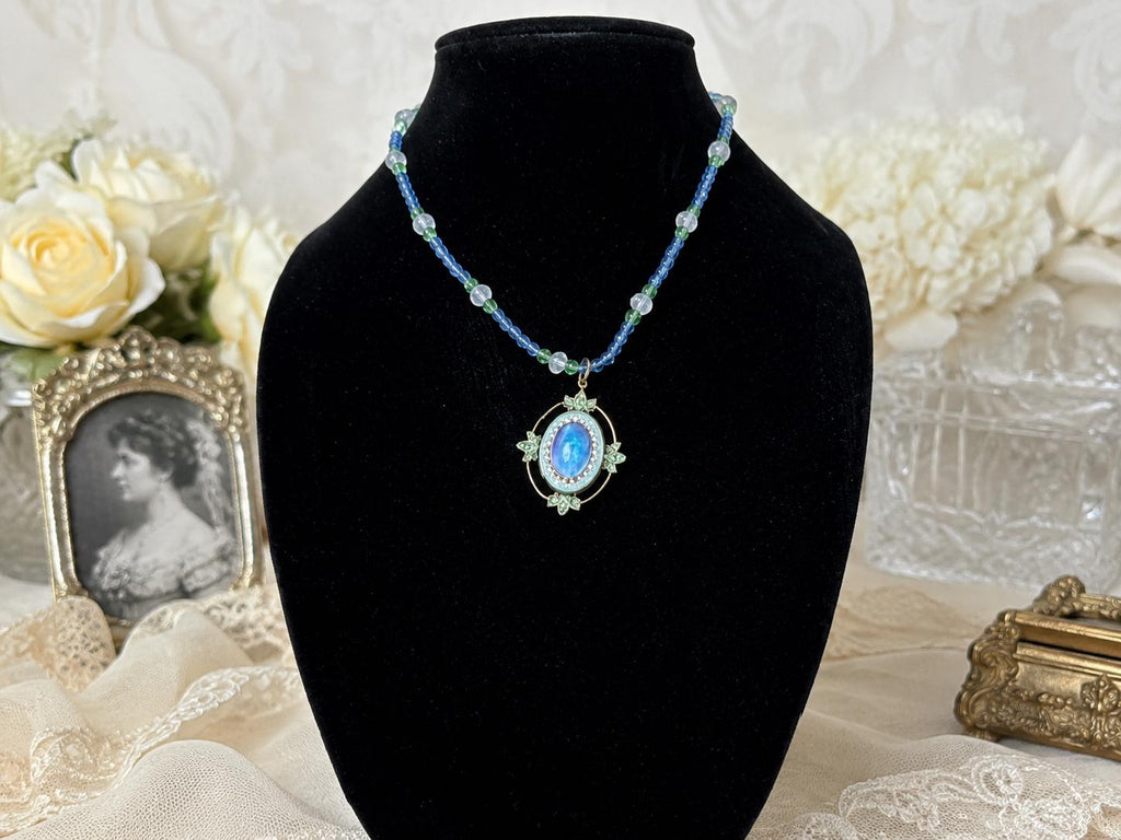 Vintage Anne Koplik Blue Art Glass Cabochon Crystal Beaded Pendant Necklace