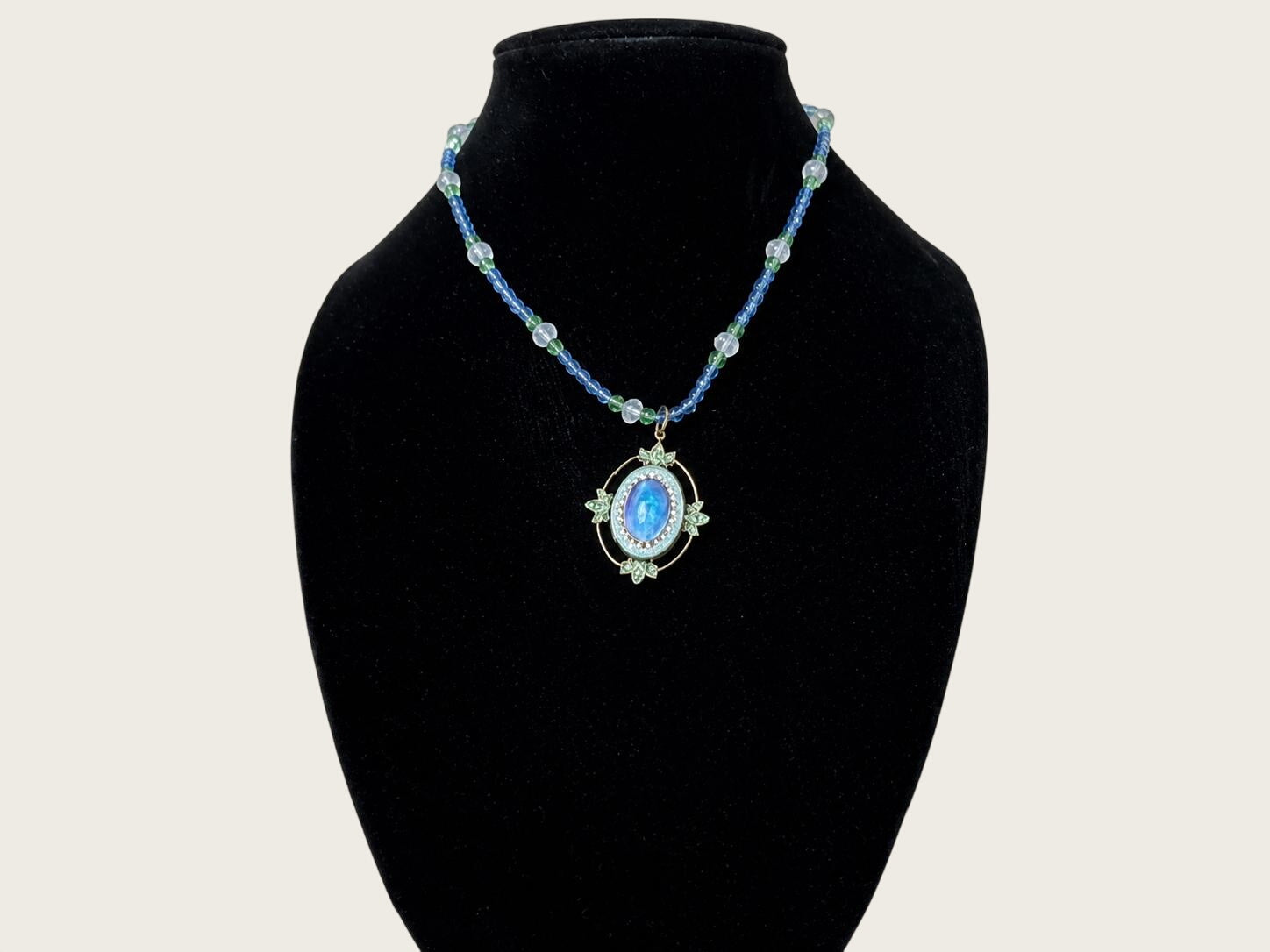 Vintage Anne Koplik Blue Art Glass Cabochon Crystal Beaded Pendant Necklace