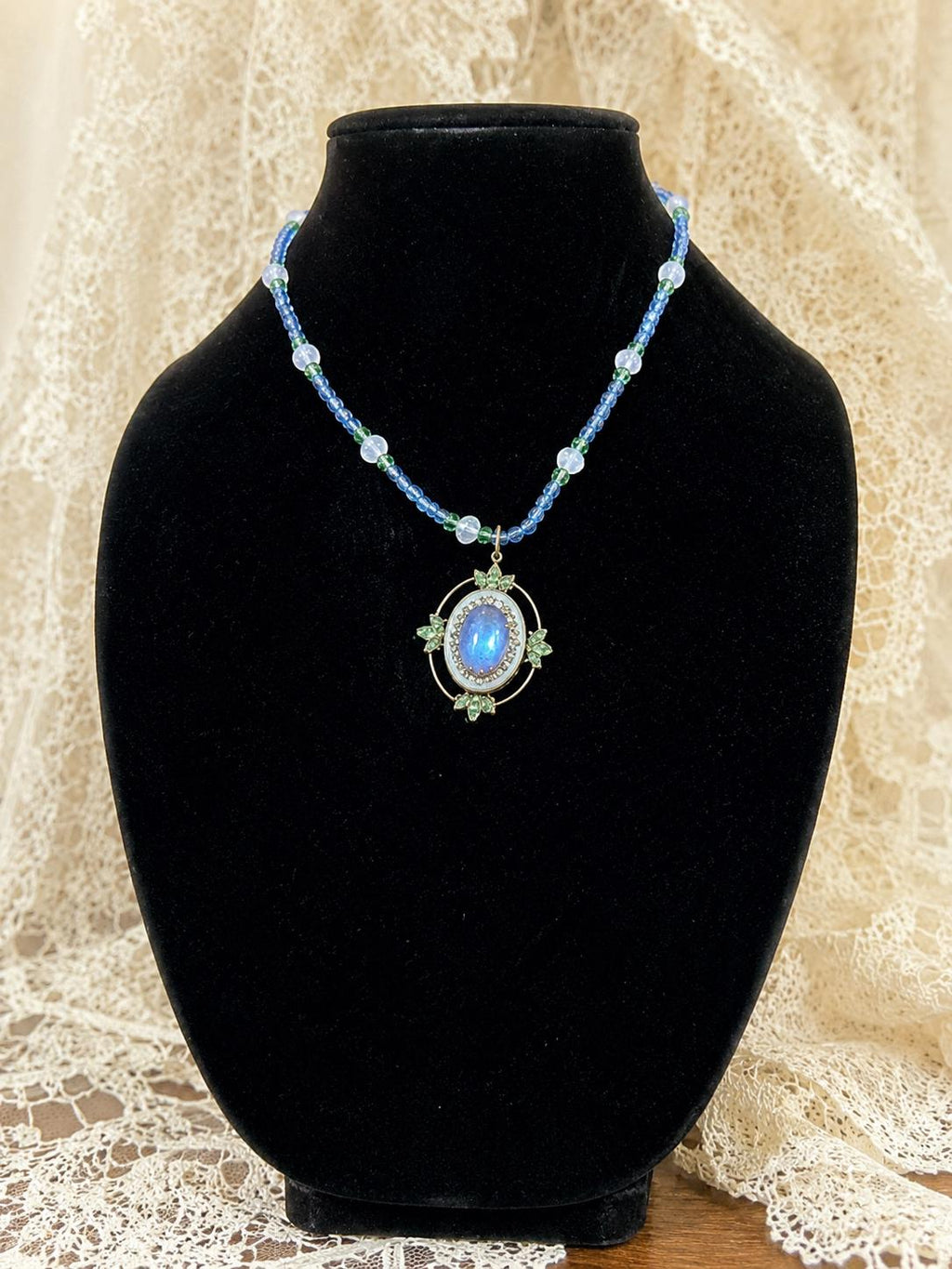 Vintage Anne Koplik Blue Art Glass Cabochon Crystal Beaded Pendant Necklace