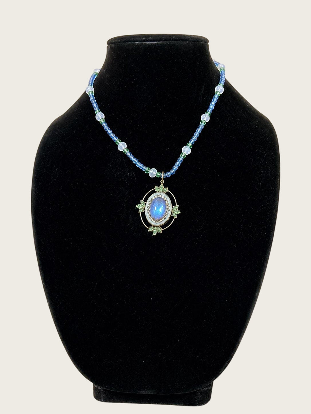 Vintage Anne Koplik Blue Art Glass Cabochon Crystal Beaded Pendant Necklace