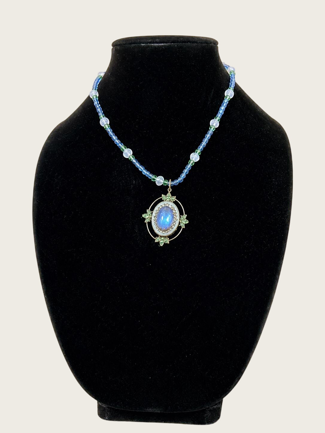Vintage Anne Koplik Blue Art Glass Cabochon Crystal Beaded Pendant Necklace