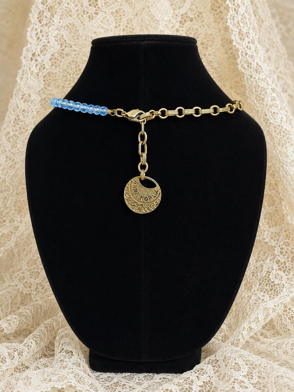 Vintage Anne Koplik Blue Art Glass Cabochon Crystal Beaded Pendant Necklace