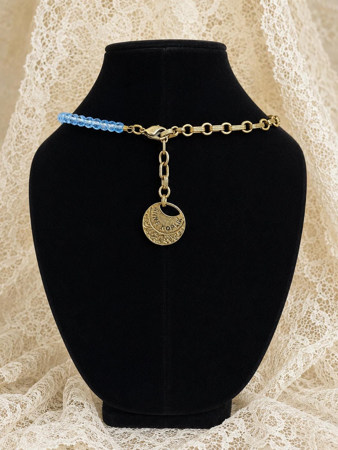 Vintage Anne Koplik Blue Art Glass Cabochon Crystal Beaded Pendant Necklace