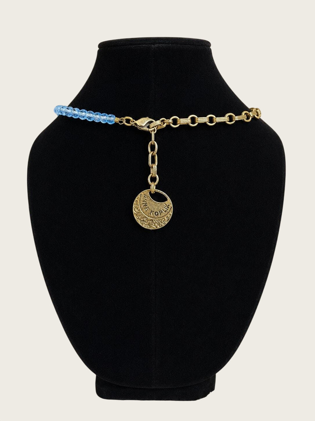 Vintage Anne Koplik Blue Art Glass Cabochon Crystal Beaded Pendant Necklace