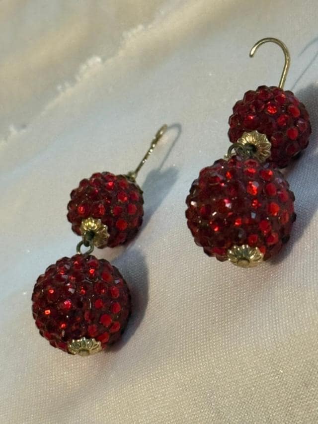 Vintage Red Rhinestone Fireball Double Drop Earrings, 2 Inch Pierced Dangles, Gold Tone