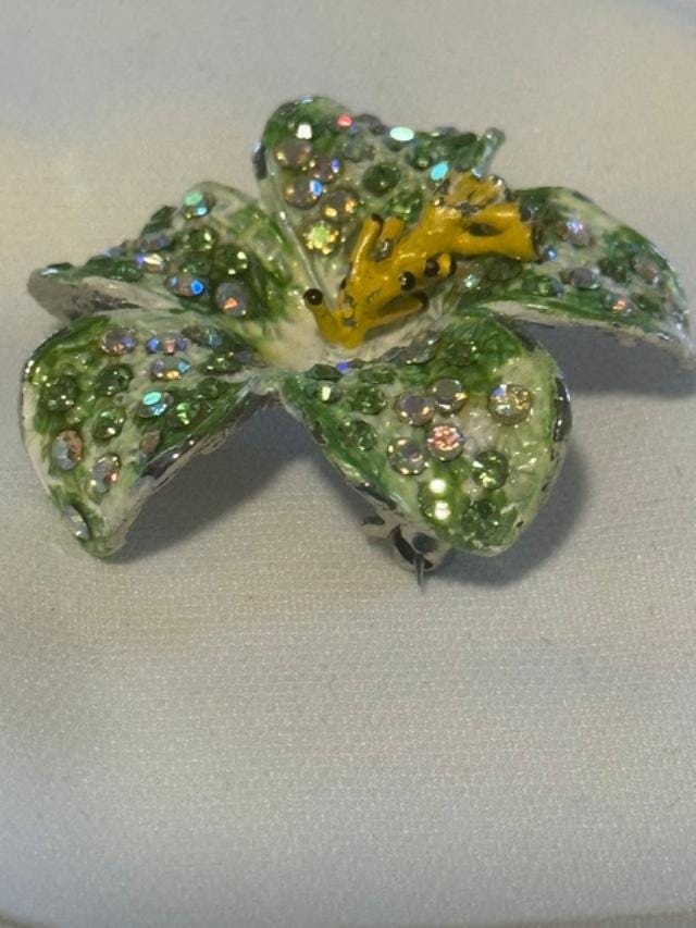 Green Flower  Brooch Rhinestone AB Crystal Pin 2 Inch