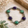 Vintage Blue Green Cabochon Bracelet Silver Tone Filigree Panel Links
