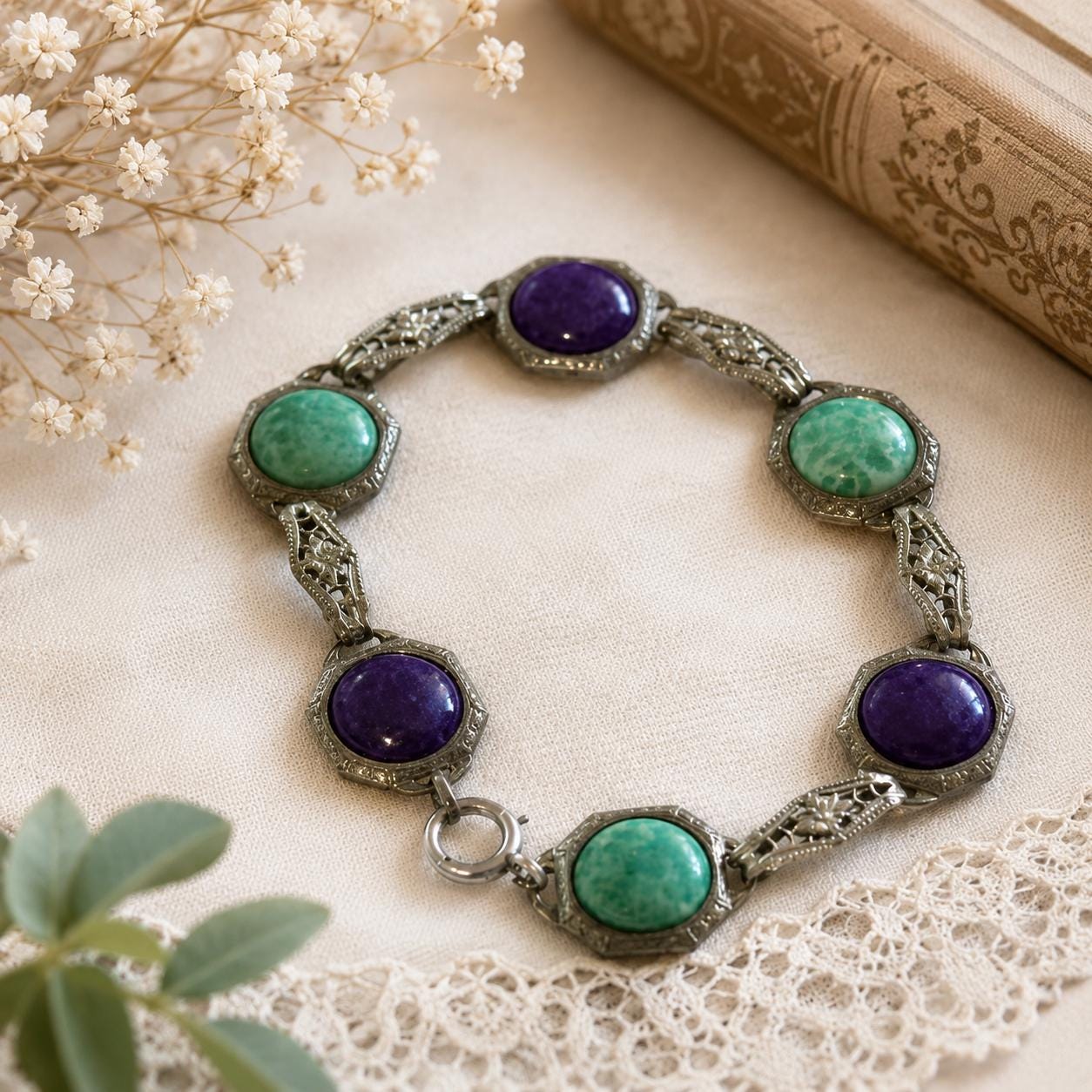 Vintage Blue Green Cabochon Bracelet Silver Tone Filigree Panel Links