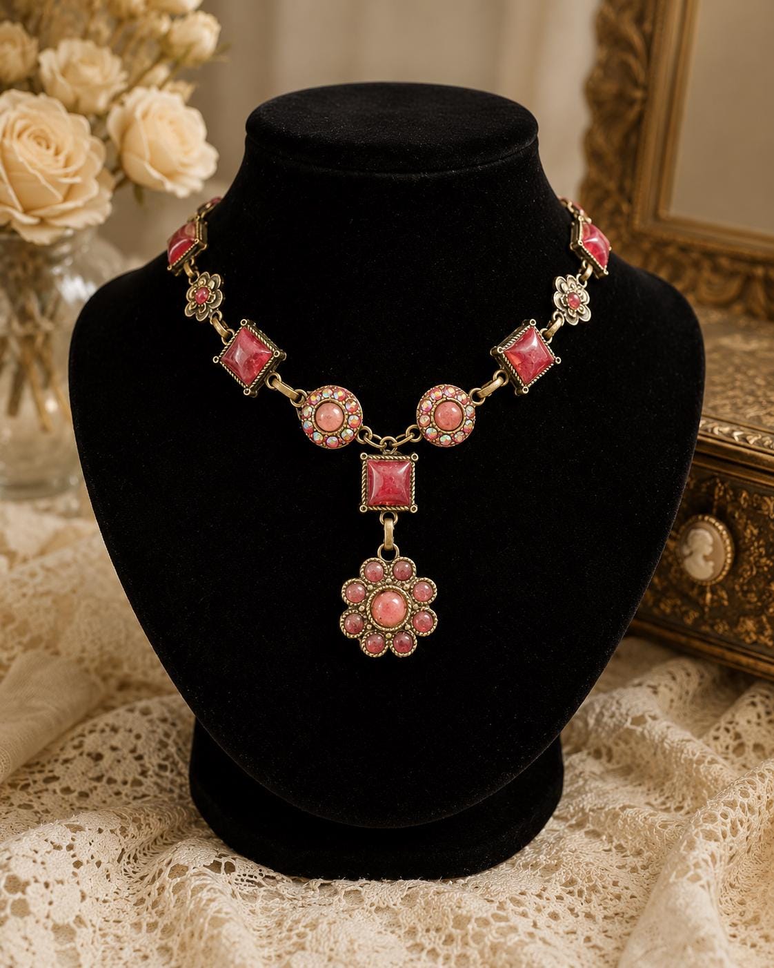 Van Galz Pink Cabochon Collar-Length Statement Necklace 17 Inch