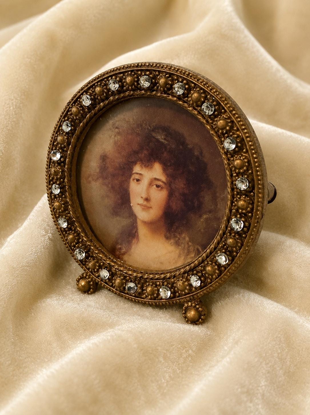 Vintage Ornate Round Portrait Miniature Frame with Rhinestone Accents on Easel Stand