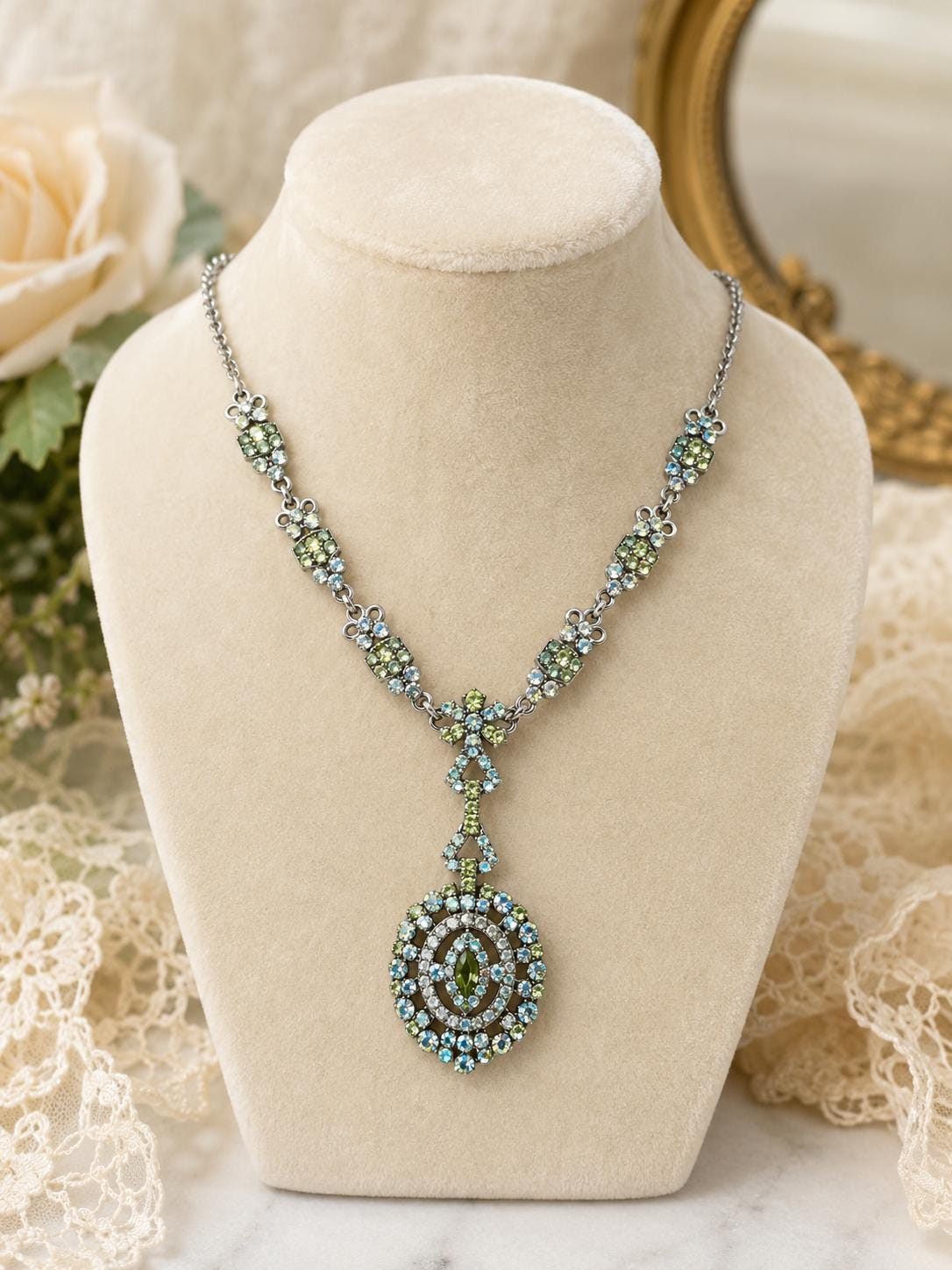 Vintage Blue Green Rhinestone Pendant Necklace 19" Silver Tone AB Crystal 2" Drop