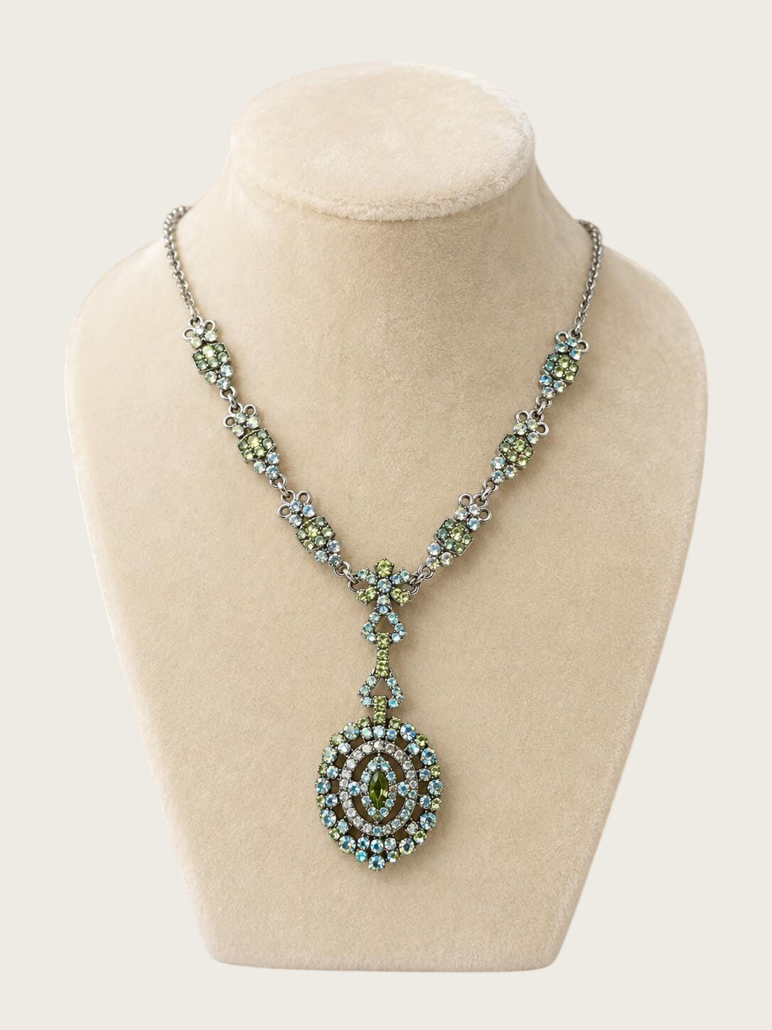 Vintage Blue Green Rhinestone Pendant Necklace 19" Silver Tone AB Crystal 2" Drop