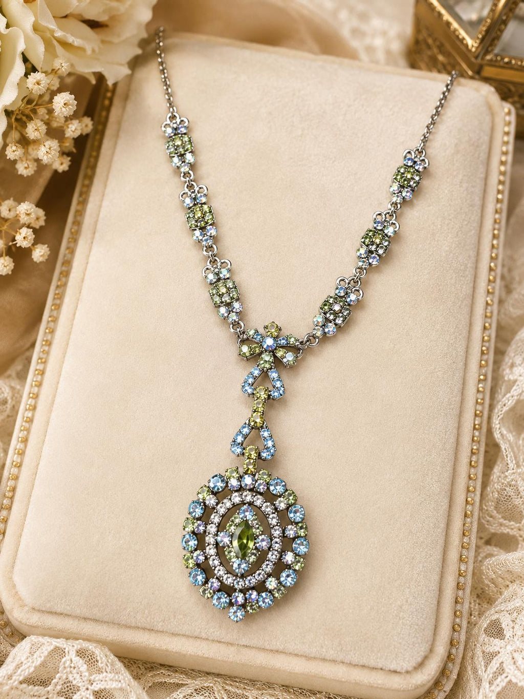 Vintage Blue Green Rhinestone Pendant Necklace 19" Silver Tone AB Crystal 2" Drop