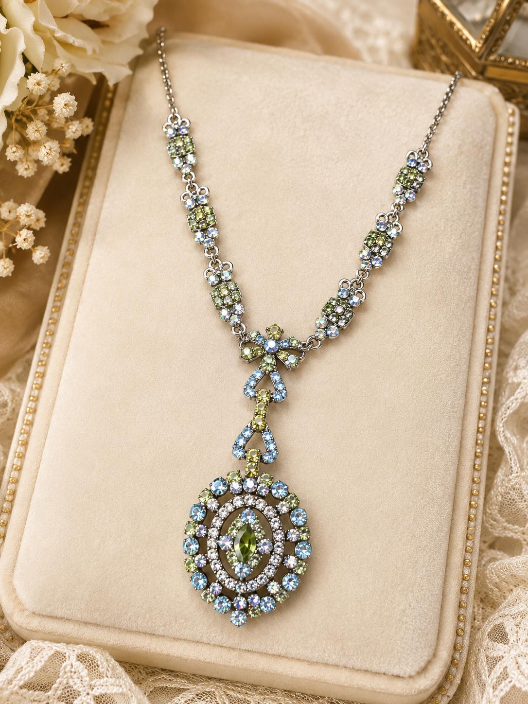 Vintage Blue Green Rhinestone Pendant Necklace 19" Silver Tone AB Crystal 2" Drop