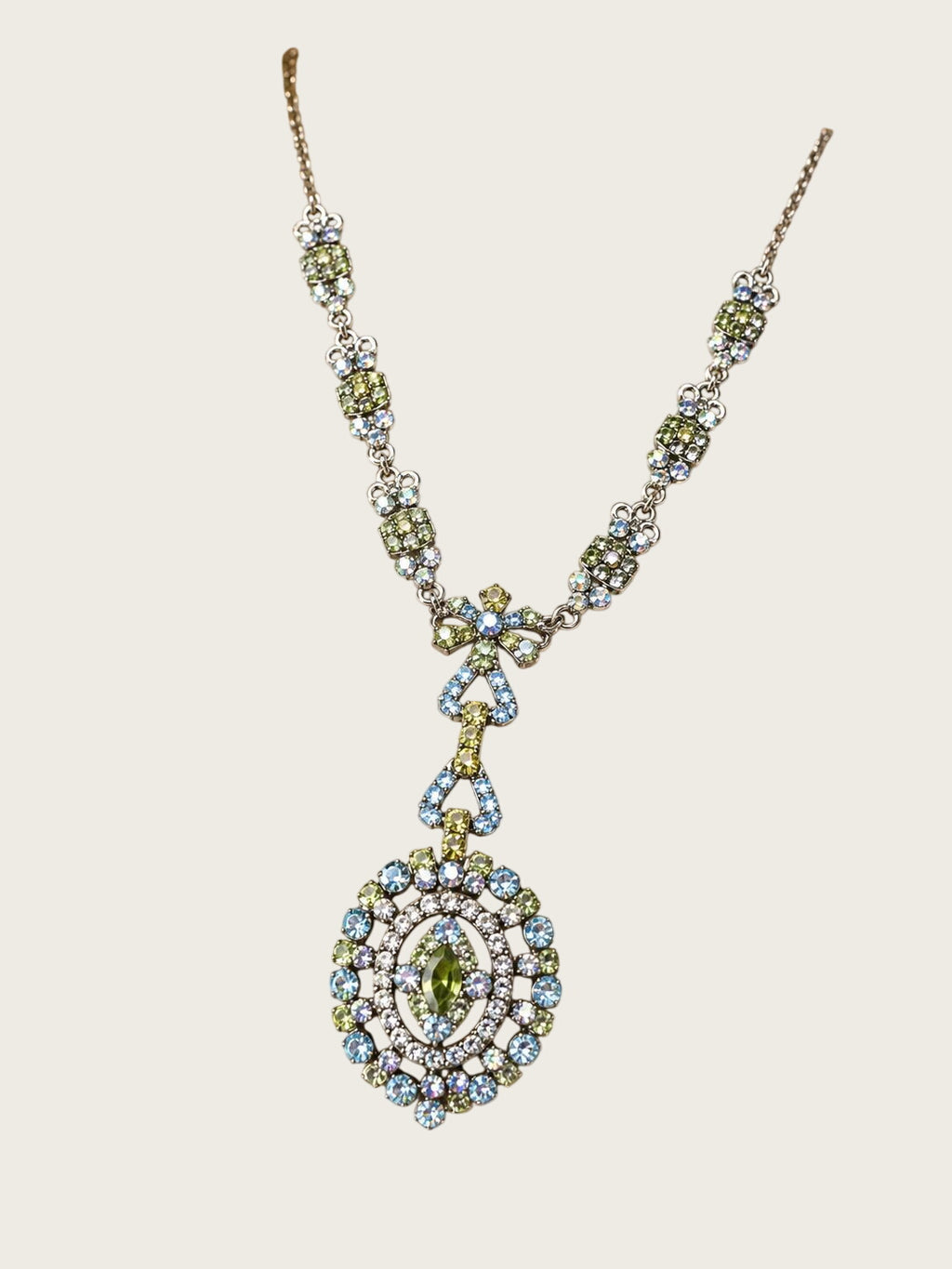 Vintage Blue Green Rhinestone Pendant Necklace 19" Silver Tone AB Crystal 2" Drop