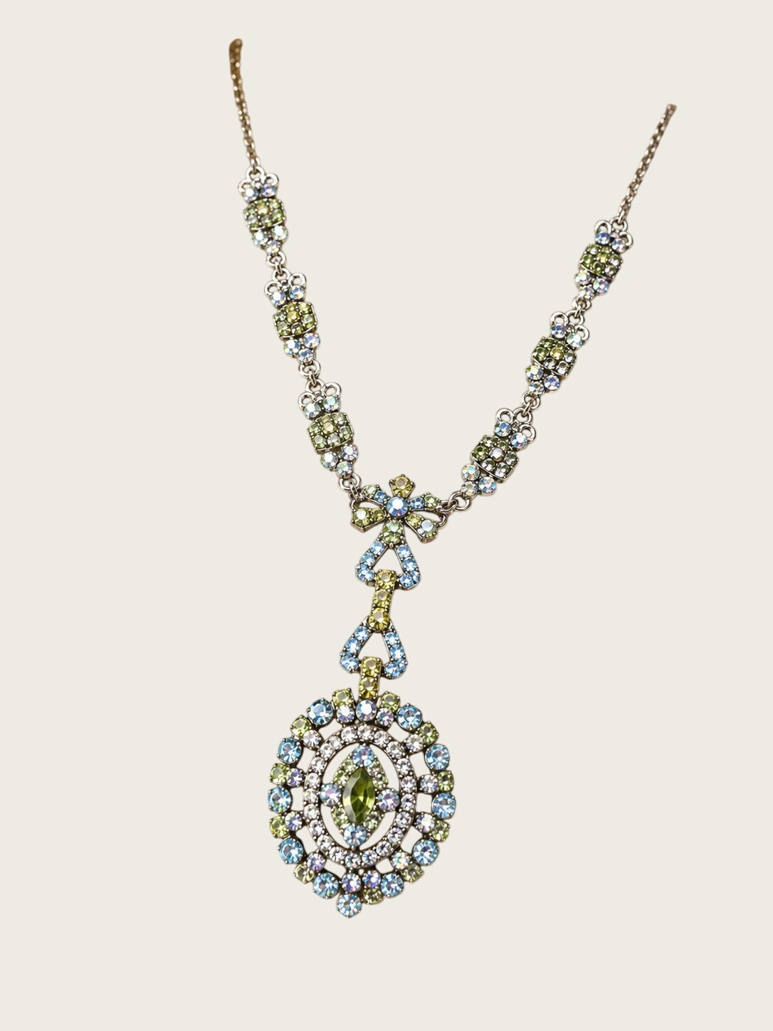 Vintage Blue Green Rhinestone Pendant Necklace 19" Silver Tone AB Crystal 2" Drop