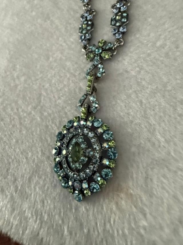 Vintage Blue Green Rhinestone Pendant Necklace 19" Silver Tone AB Crystal 2" Drop