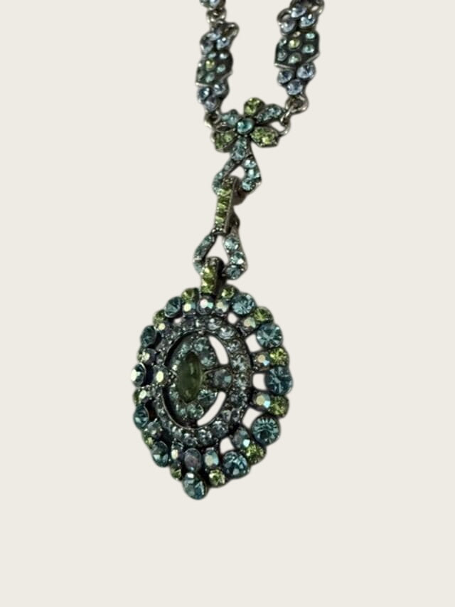 Vintage Blue Green Rhinestone Pendant Necklace 19" Silver Tone AB Crystal 2" Drop