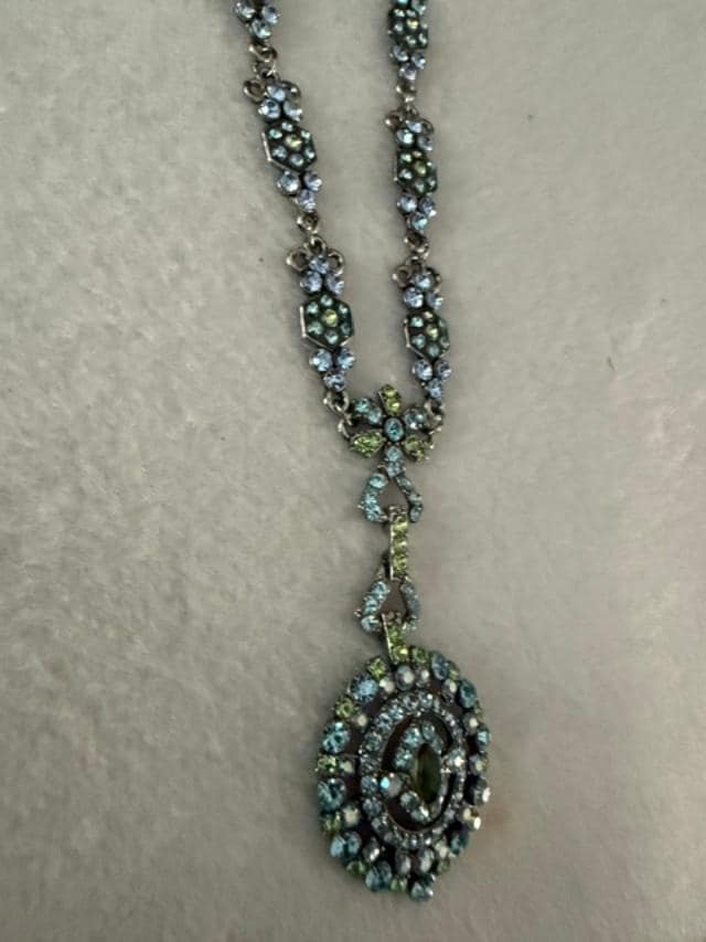 Vintage Blue Green Rhinestone Pendant Necklace 19" Silver Tone AB Crystal 2" Drop